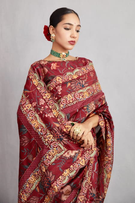 Torani_Red Silk Organza, Handwoven Chanderi Sanobar Enakshi Saree _Online_at_Aza_Fashions