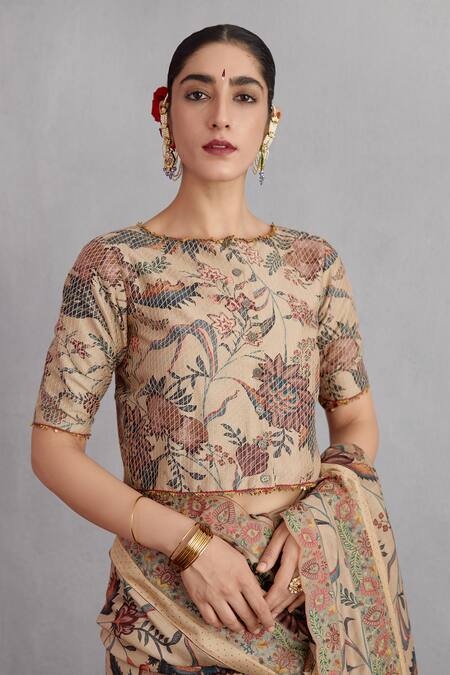 Torani_Beige Silk Organza, Handwoven Chanderi Chandan Enakshi Saree _Online_at_Aza_Fashions