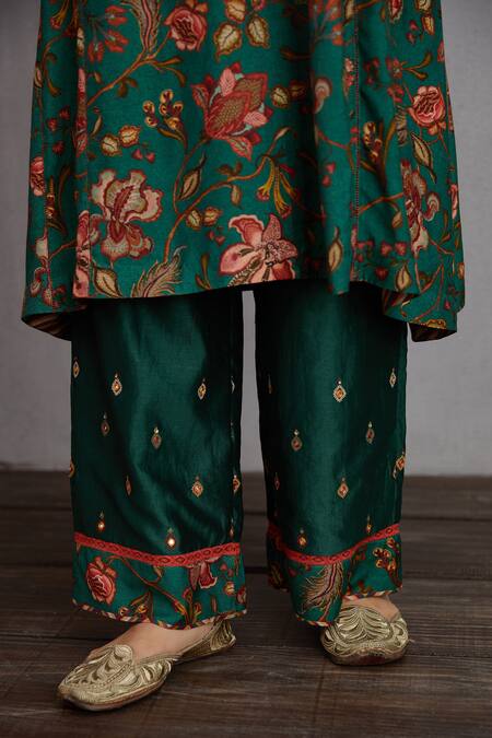 Torani_Green Pant Handwoven Chanderi And Cotton Voile Kurta Sheesham Tara & Set _Online_at_Aza_Fashions