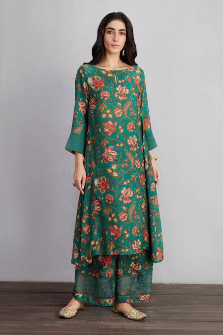 Torani_Green Kurta And Pant Cotton Silk Dupatta Handwoven Sheesham Aroha Print Set _Online_at_Aza_Fashions