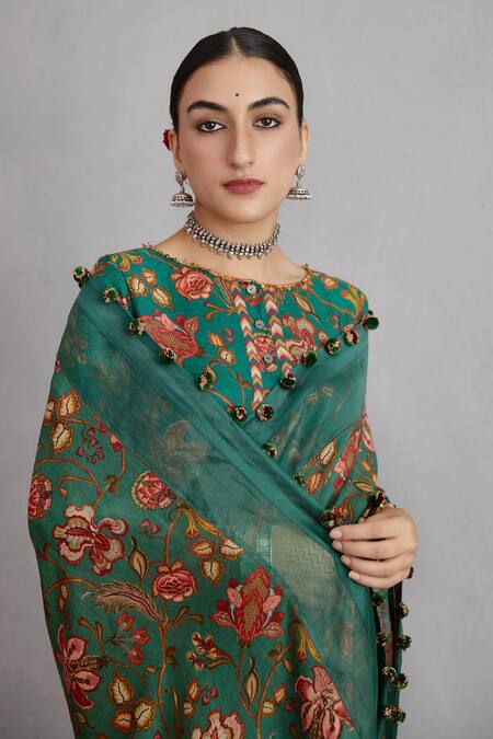 Shop Torani Green Saree Handwoven Chanderi And Silk Organza Sheesham Chandani Online at Aza Fashions Shop_Torani_Green Saree Handwoven Chanderi And Silk Organza Sheesham Chandani _Online_at_Aza_Fashions