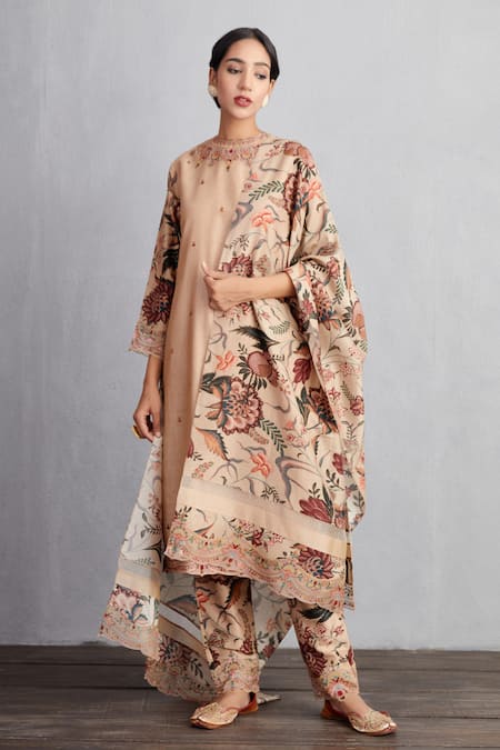 Torani Beige Handwoven Chanderi Embroidery Round Chandan Urvi Kurta Set  