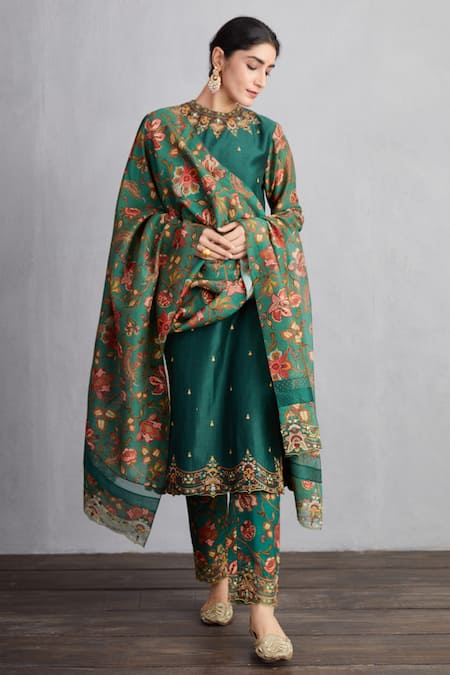 Torani Green Handwoven Chanderi Embroidered Floral Sheesham Urvi Kurta Set  