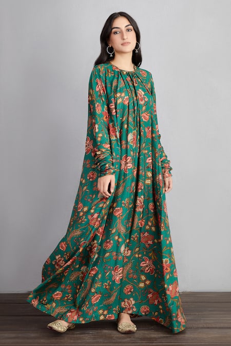 Torani Green Cotton Silk Embroidery Round Sheesham Amrut Gown 