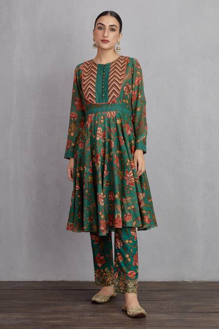 Torani_Green Round Sheesham Saba Anarkali Set _Online_at_Aza_Fashions