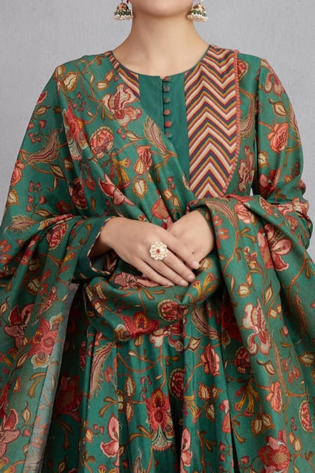 Shop_Torani_Green Round Sheesham Saba Anarkali Set _Online_at_Aza_Fashions