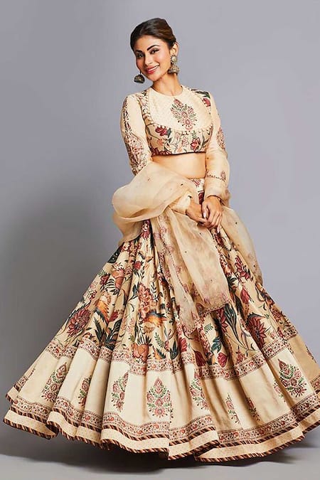 Torani Beige Handwoven Chanderi Chandan Anardana Aari Waraq Cheent Bridal Lehenga Set 