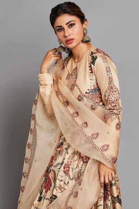 Torani_Beige Handwoven Chanderi Aari Chandan Anardana Waraq Cheent Bridal Lehenga Set_Online_at_Aza_Fashions