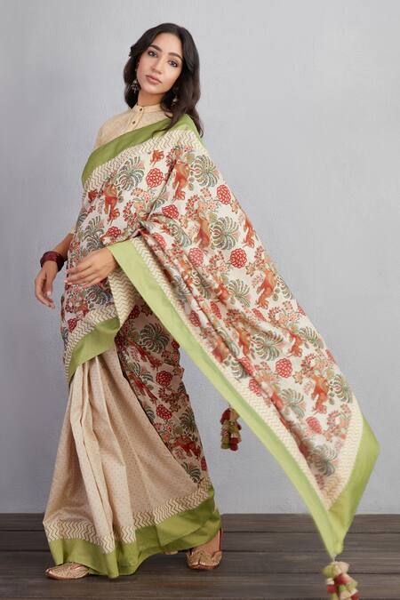 Torani_Beige Handwoven Chanderi Floral Airawata Chandni Saree _Online_at_Aza_Fashions