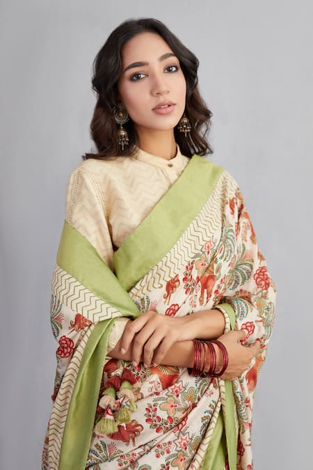 Buy_Torani_Beige Handwoven Chanderi Floral Airawata Chandni Saree _Online_at_Aza_Fashions