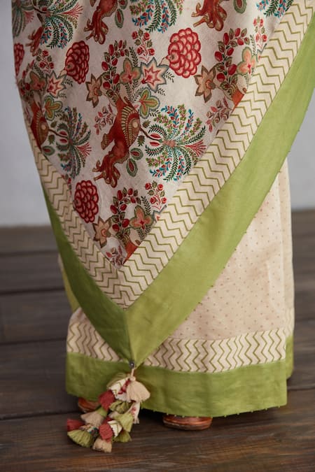 Torani_Beige Handwoven Chanderi Floral Airawata Chandni Saree _at_Aza_Fashions