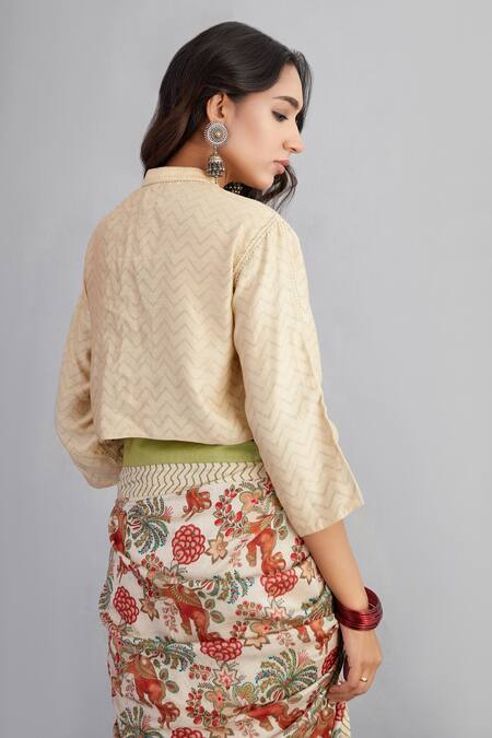 Torani_Beige Handwoven Chanderi Chevron Mandarin Collar Airawata Chandni Blouse_Online_at_Aza_Fashions