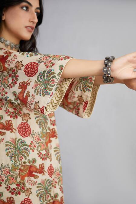 Buy_Torani_Beige Handwoven Chanderi Floral V Neck Airawata Barkha Kurta And Pant Set_Online_at_Aza_Fashions