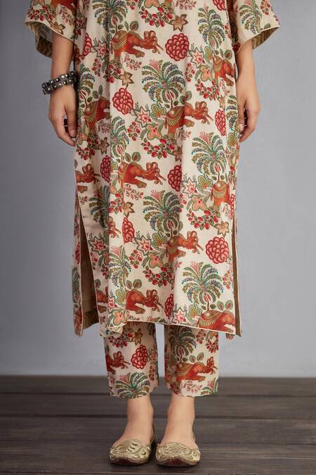 Shop_Torani_Beige Handwoven Chanderi Floral V Neck Airawata Barkha Kurta And Pant Set_Online_at_Aza_Fashions