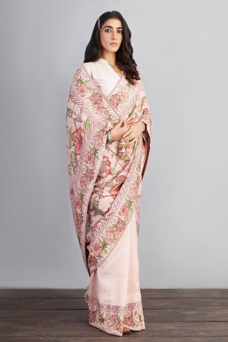 Buy_Torani_Pink Handwoven Chanderi And Pure Silk Organza Mandarin Gulbahari Chandani Blouse_Online_at_Aza_Fashions