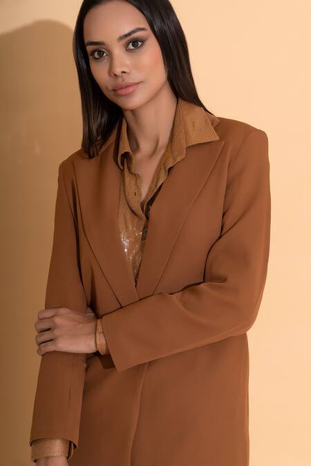 Torqadorn_Brown Heavy Blended Crepe Lapel Collar Oversized Blazer_Online_at_Aza_Fashions