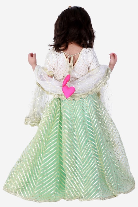 Shop Tiny Pants Green Net, Chanderi Cotton Embroidery Gota Patti Lehenga Set at Aza Fashions Shop_Tiny Pants_Green Net, Chanderi Cotton Embroidery Gota Patti Lehenga Set _at_Aza_Fashions