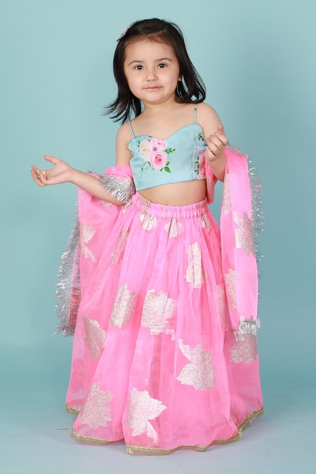 Tiny Pants Pink Organza Woven And Thread & Floral Motif Lehenga Set 