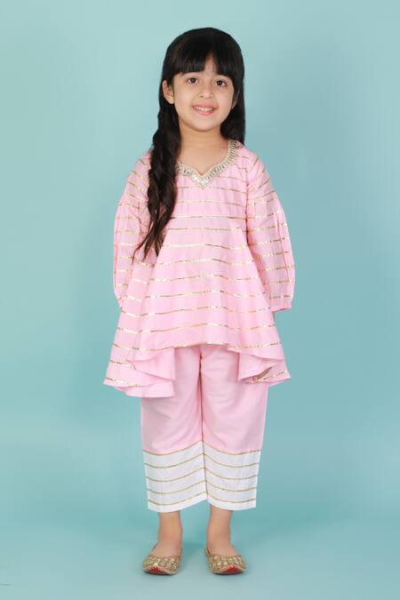 Tiny Pants_Pink , Satin Gota Patti Asymmetric Kurta And Pant Set _Online_at_Aza_Fashions