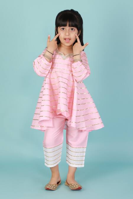 Buy_Tiny Pants_Pink , Satin Gota Patti Asymmetric Kurta And Pant Set _Online_at_Aza_Fashions