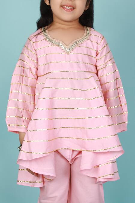 Shop_Tiny Pants_Pink , Satin Gota Patti Asymmetric Kurta And Pant Set _Online_at_Aza_Fashions