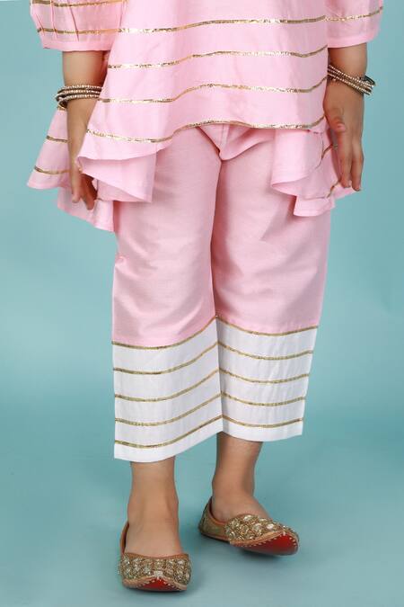Tiny Pants_Pink , Satin Gota Patti Asymmetric Kurta And Pant Set _at_Aza_Fashions