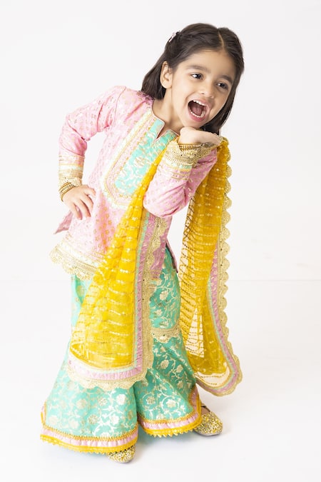 Shop_TINY PANTS_Pink Chanderi Lace, Sequins Kurta Sharara Set _at_Aza_Fashions