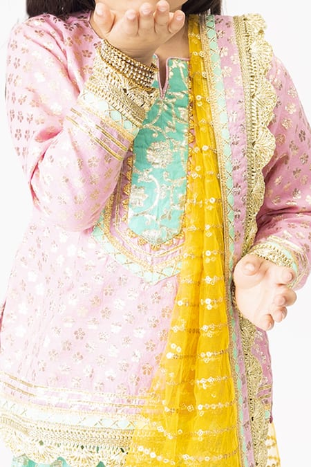 TINY PANTS_Pink Chanderi Lace, Sequins Kurta Sharara Set _Online_at_Aza_Fashions
