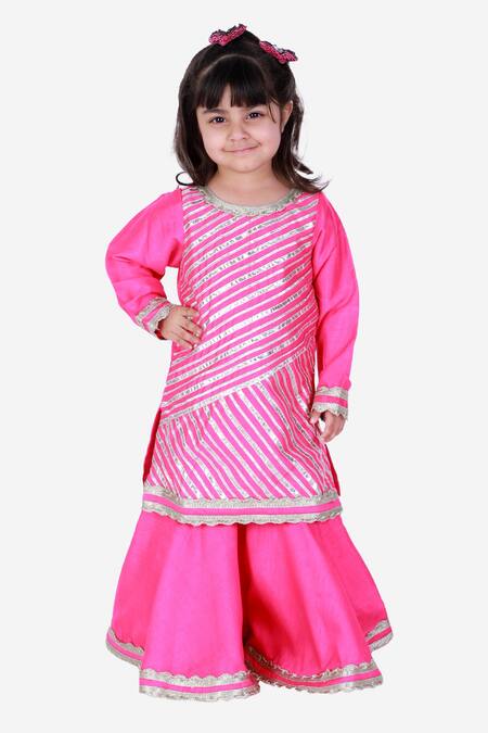 Tiny Pants_Pink Cotton Embroidery, Gota Patti Striped Kurta And Sharara Set _Online_at_Aza_Fashions
