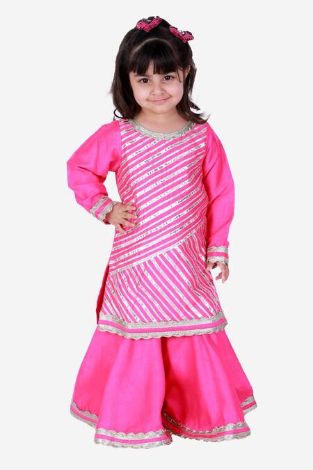 Buy_Tiny Pants_Pink Cotton Embroidery, Gota Patti Striped Kurta And Sharara Set _Online_at_Aza_Fashions