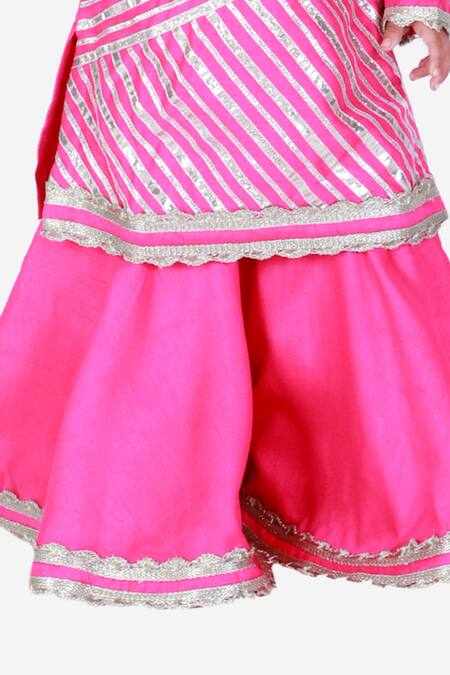 Tiny Pants_Pink Cotton Embroidery, Gota Patti Striped Kurta And Sharara Set _at_Aza_Fashions