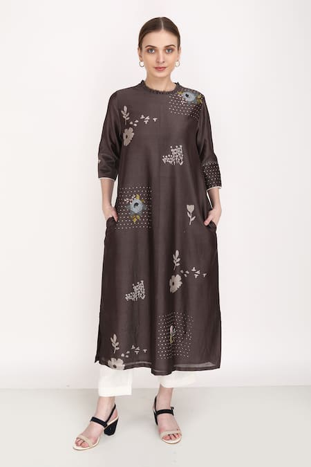 Arcvsh By Pallavi Singh Grey Linen, Lining Cotton, Silk Chanderi Floral Round Pattern Kurta And Pant Set 