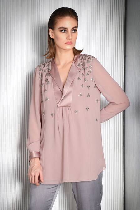 Rohit Gandhi + Rahul Khanna Purple Georgette, Satin Crystals Collared Lapel Embellished Top Online at Aza Fashions Rohit Gandhi + Rahul Khanna_Purple Georgette, Satin Crystals Collared Lapel Embellished Top _Online_at_Aza_Fashions