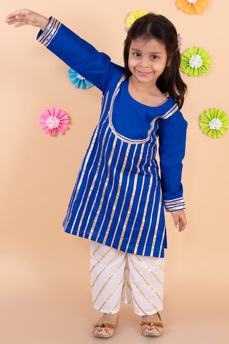 Tiny Pants Blue Cotton Gota Patti Embroidered A Line Kurta And Palazzo Set