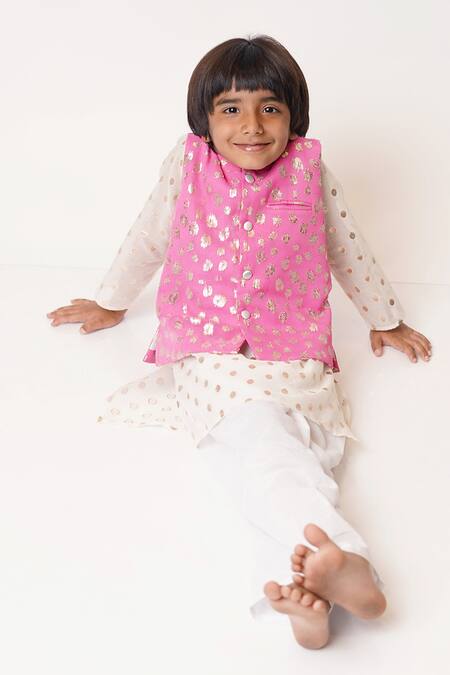 Tiny Pants_Pink Chanderi Cotton, Georgette Zari Woven Bundi Kurta Set _Online_at_Aza_Fashions