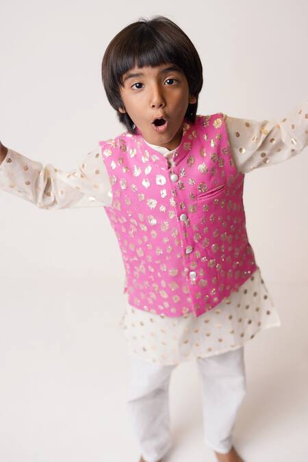 Buy_Tiny Pants_Pink Chanderi Cotton, Georgette Zari Woven Bundi Kurta Set _Online_at_Aza_Fashions