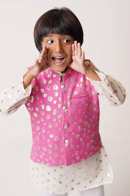 Shop_Tiny Pants_Pink Chanderi Cotton, Georgette Zari Woven Bundi Kurta Set _Online_at_Aza_Fashions