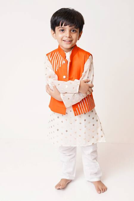Tiny Pants_Orange Chanderi Cotton Gota Patti Woven Polka Dot Bundi Kurta Set _Online_at_Aza_Fashions