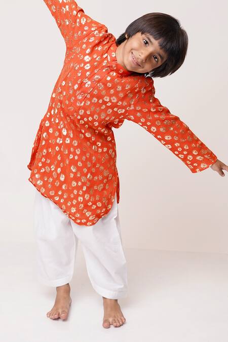 Tiny Pants_Orange Cotton, Georgette Embroidery Zari Kurta And Pyjama Set _Online_at_Aza_Fashions