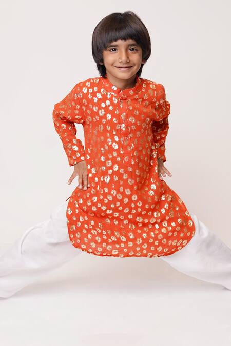 Buy_Tiny Pants_Orange Cotton, Georgette Embroidery Zari Kurta And Pyjama Set _Online_at_Aza_Fashions