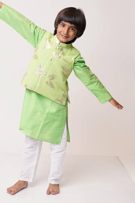 Tiny Pants_Green Cotton Zari Butterfly Pattern Bundi Kurta Set _Online_at_Aza_Fashions