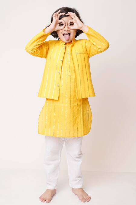 Tiny Pants_Yellow Cotton Stripe Pattern Bundi And Kurta Set _Online_at_Aza_Fashions
