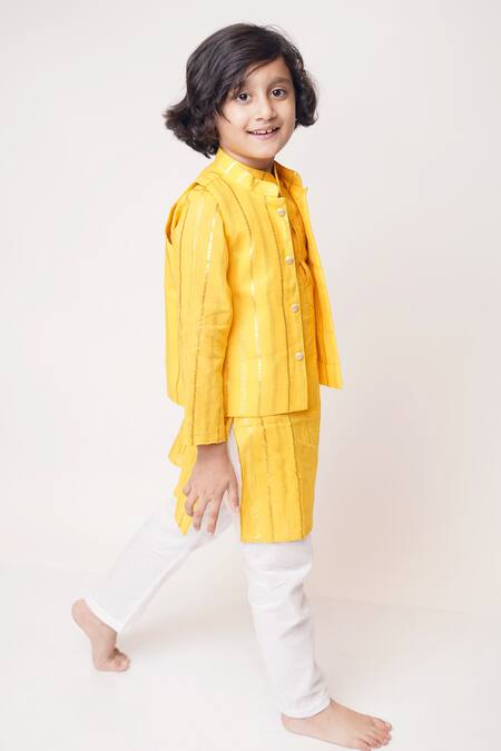 Buy_Tiny Pants_Yellow Cotton Stripe Pattern Bundi And Kurta Set _Online_at_Aza_Fashions