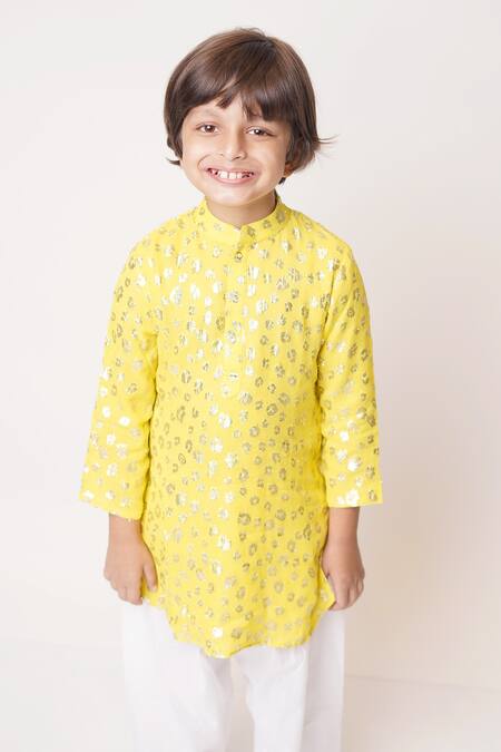 Tiny Pants_Yellow Georgette, Cotton Woven Motifs Kurta And Pyjama Set _Online_at_Aza_Fashions