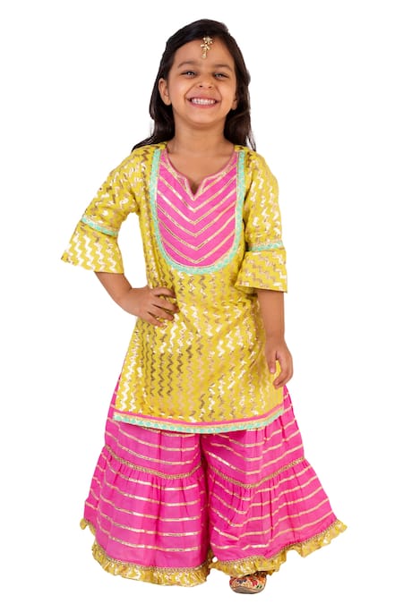 Tiny Pants_Yellow , Chanderi Gota Patti Embroidered Kurta And Sharara Set _Online_at_Aza_Fashions