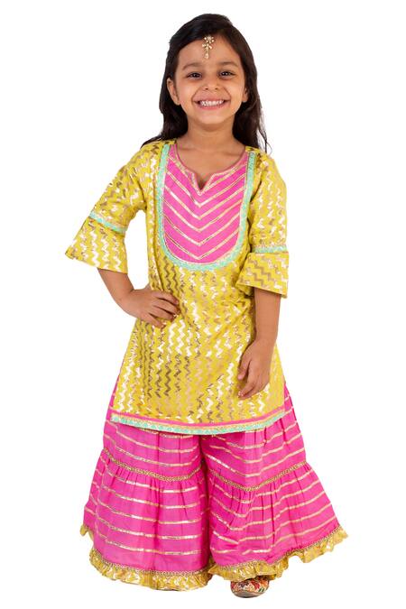 Buy_Tiny Pants_Yellow , Chanderi Gota Patti Embroidered Kurta And Sharara Set _Online_at_Aza_Fashions