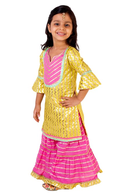 Shop_Tiny Pants_Yellow , Chanderi Gota Patti Embroidered Kurta And Sharara Set _Online_at_Aza_Fashions