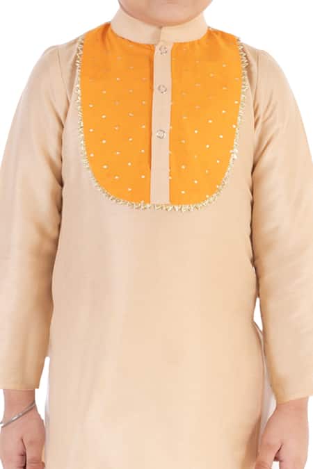 Tiny Pants_Beige Cotton Gota Patti Kurta And Pyjama Set _at_Aza_Fashions