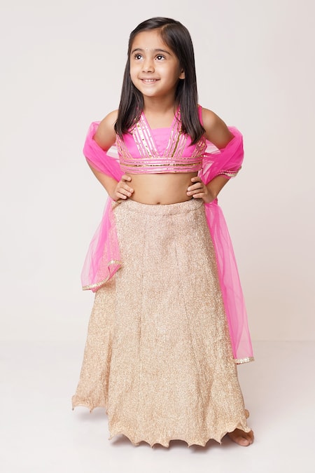 Buy_Tiny Pants_Pink Chiffon Gota Patti Shimmer Lehenga Set _Online_at_Aza_Fashions