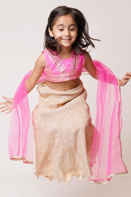 Shop_Tiny Pants_Pink Chiffon Gota Patti Shimmer Lehenga Set _Online_at_Aza_Fashions